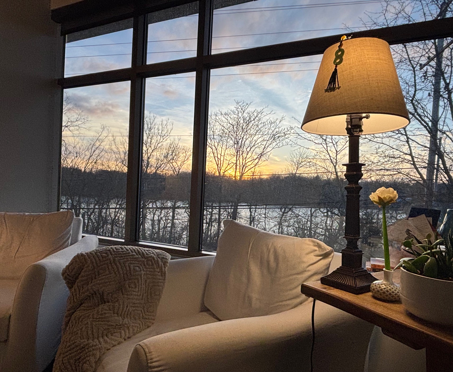 View from our office overlooking the water at sunset